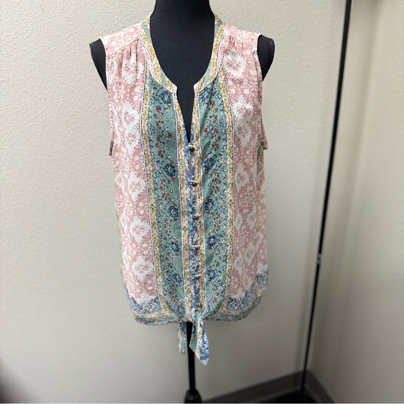 Westport Tops - Westport Floral Sleeveless Boho Tie Front Top - Pink and Green. Size XL